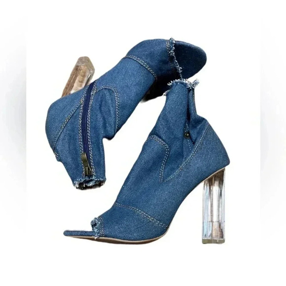Denim frayed side zip day 2 nite stylish trend transparent stack heel boot 8.5/9 - Picture 5 of 6